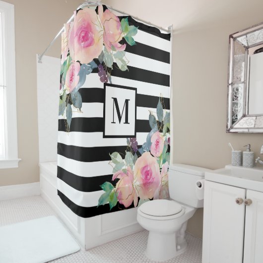 Rideaux De Douche Floral Élégant rayures Monogramme rose noir blanc (En situation)