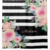 Rideaux De Douche Floral Elegant Stripes Nom Rose Noir Blanc (Devant)