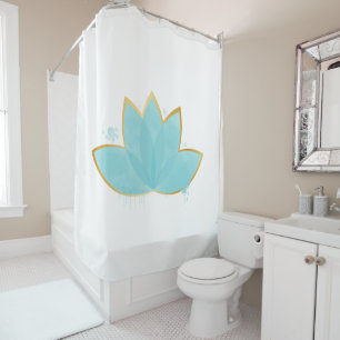 Rideaux De Douche Floral Lotus Aquarelle Mer Bleu & Faux Or