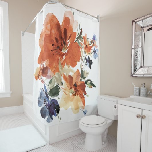 Rideaux De Douche Floral orange et bleu (En situation)