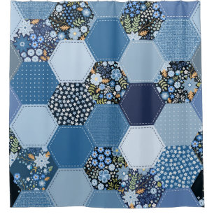 Rideaux De Douche Floral, patchwork de denim : motif bleu.