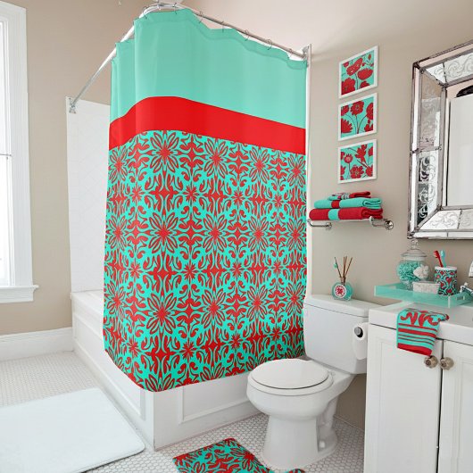 Rideaux De Douche Floral rouge et turquoise