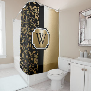 Rideaux De Douche Floral Vintage noir et doré