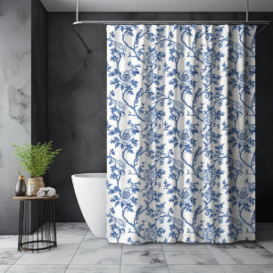 Rideaux De Douche Floral Vintage Toile de Jouy Bleu Blanc
