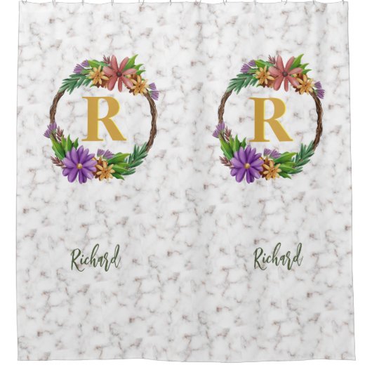 Rideaux De Douche Floral Wreath Initial Letter Monogram Name Marble (Devant)