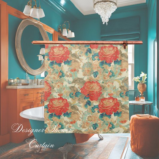 Rideaux De Douche Florals Teal, Peach, Teal with Ornates 