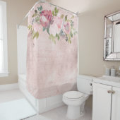 Rideaux De Douche Flore d'aquarelle rose pâle sur un bleu dénudé (En situation)