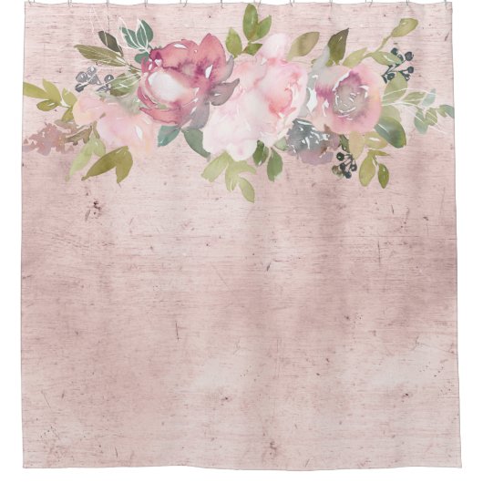 Rideaux De Douche Flore d'aquarelle rose pâle sur un bleu dénudé (Devant)