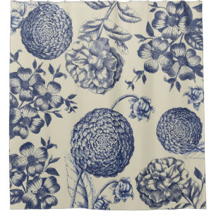Rideaux De Douche Flore d'impression florale de fleurs bleues antiqu