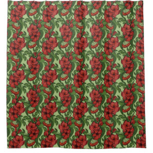 Rideaux De Douche Flore motif vert Fleurs rouges en pleine floraison