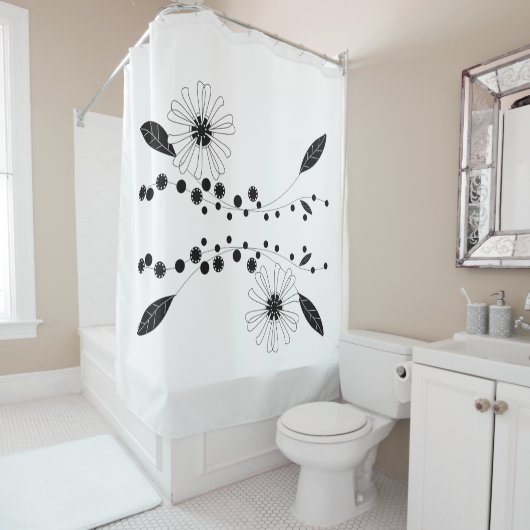 Rideaux De Douche Flore noire et blanche (En situation)