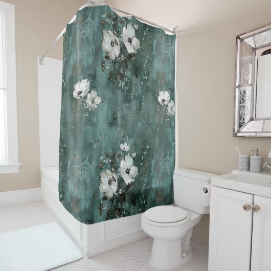 Rideaux De Douche Flore verte blanche à fleurs (En situation)