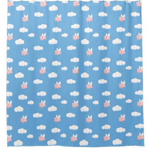 Rideaux De Douche Flying Pig Cute Piglet with Wings on Blue Pattern (Devant)