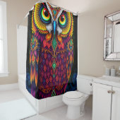Rideaux De Douche Folk Art Owl: Whimsical Red Teal Design (En situation)