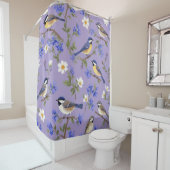 Rideaux De Douche Fond Violet Avec Oiseaux (En situation)