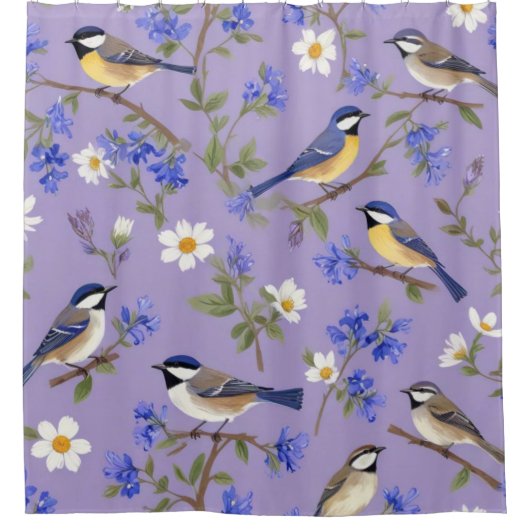 Rideaux De Douche Fond Violet Avec Oiseaux (Devant)