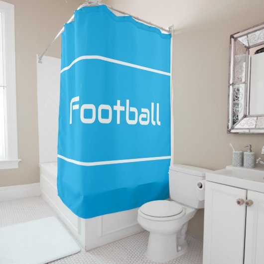 Rideaux De Douche FOOTBALL Modern White Text Stripes On Azure Blue (En situation)