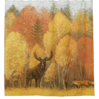 Rideaux De Douche Forêt d'automne, cerf numérique et renard.