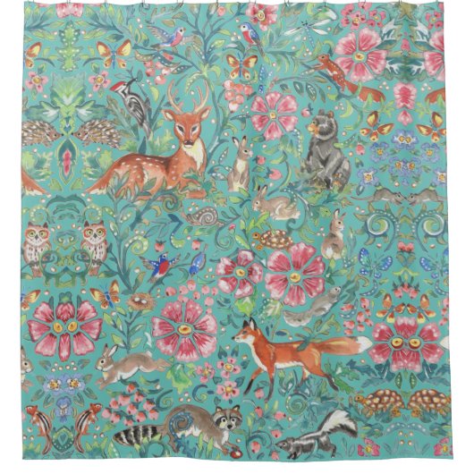 Rideaux De Douche Forêt d'Imaginaires Turquoise Forêt Bois animal Jo (Devant)