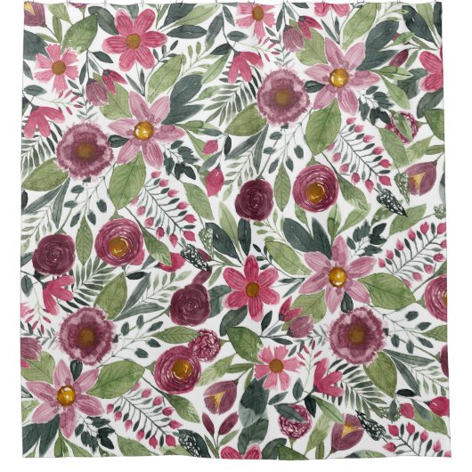 Rideaux De Douche Forêt rose Mauve Vert Aquarelle Fleurs Feuilles (Devant)