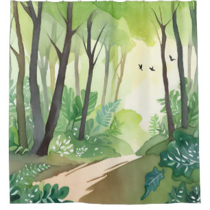 Rideaux De Douche Forêt verte florissante Aquarelle de la nature