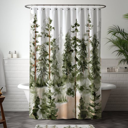 Rideaux De Douche Forêt verte rustique à l'aquarelle