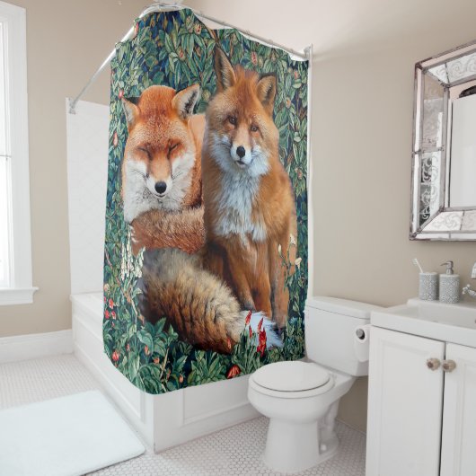 RIDEAUX DE DOUCHE FOXES ROUGES PARMI LA VERDURE, LE FOLIAGE ET LES F (En situation)