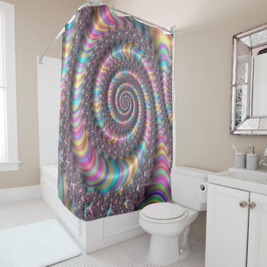 Rideaux De Douche Fractal brillant arc-en-ciel Nautilus Swirl (En situation)