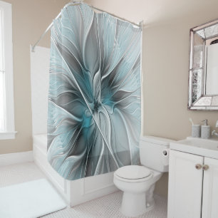 Rideaux De Douche Fractal Floral Moderne Abstrait Fleur Bleu Gris