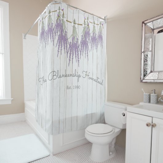 Rideaux De Douche Français Farmhouse Lavender Bund Blanc Bow (En situation)