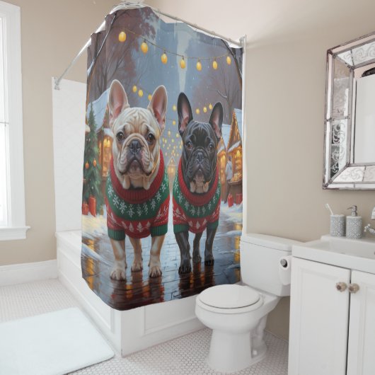 Rideaux De Douche French Bulldogs Christmas Snow Holiday (En situation)
