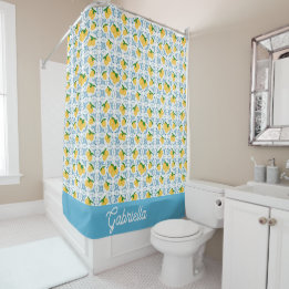 Rideaux De Douche French Country Lemon Blue Tile Pattern