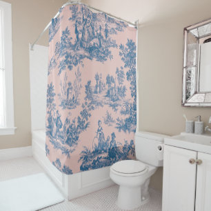 Rideaux De Douche French toile de jouy bleu et rose élégant