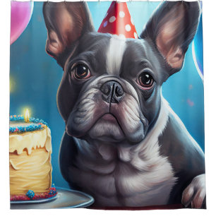 Rideaux De Douche Frenchie Birthday Bash : Un mignon Bulldog françai