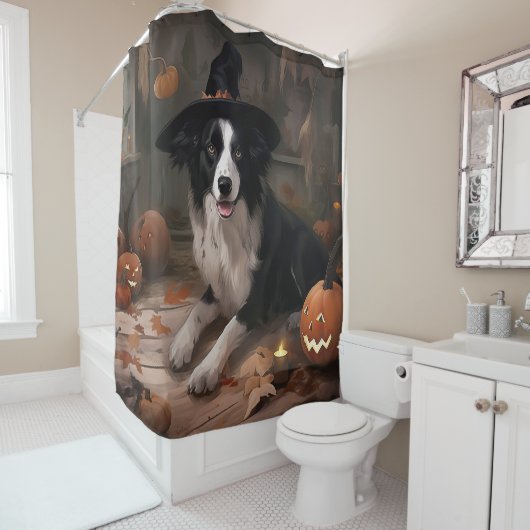 Rideaux De Douche Frontière Collie Citrouilles Halloween effroi (En situation)