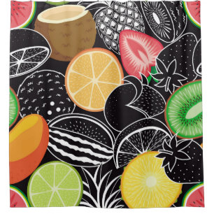 Rideaux De Douche Fruits tropicaux colorés, fond noir.