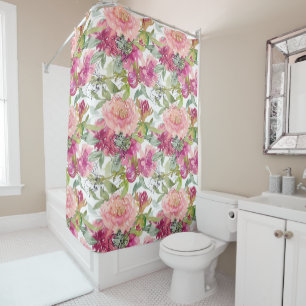Rideaux De Douche Fuchsia Floral Sage Vert Feuilles Blanches