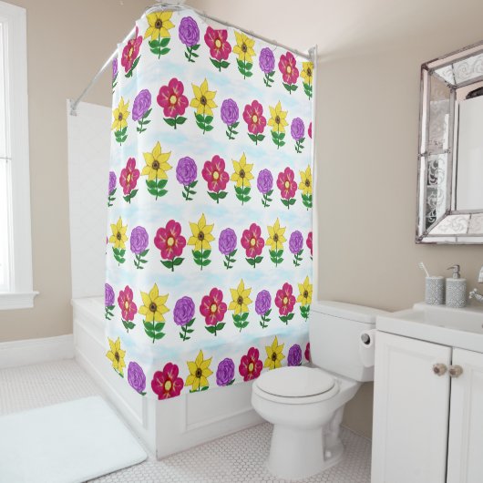 Rideaux De Douche Fuchsia Jaune violet Fleurs du Jardin (En situation)