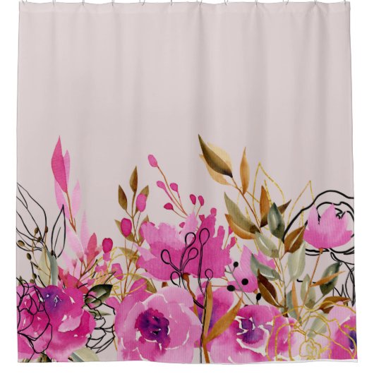 Rideaux De Douche Fuchsia Roses roses et Feuilles d'or (Devant)
