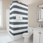 Rideaux De Douche Fumer Bleu Bande Nom de famille et monogramme (En situation)