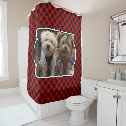 Rideaux De Douche Fun Custom Christmas Red & Black Plaid Photo Cadre (En situation)
