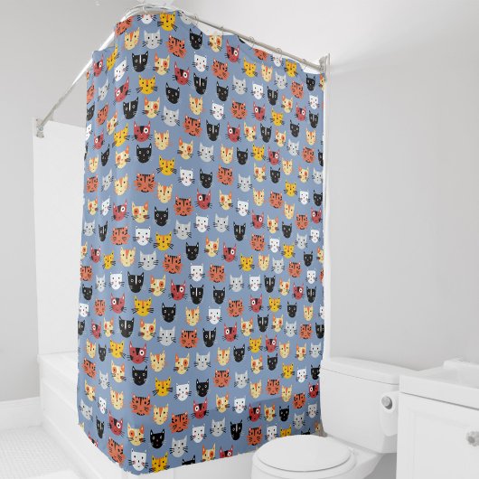 Rideaux De Douche Fun Kitty Chat Motif Bleu
