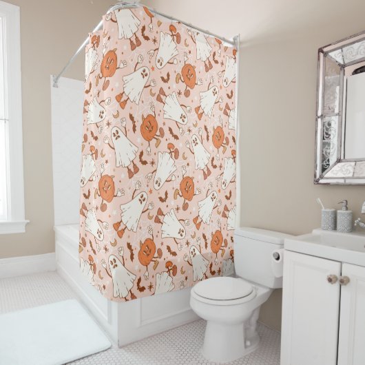 Rideaux De Douche Fun Retro Ghost & Jack-O-Lantern Motif (En situation)
