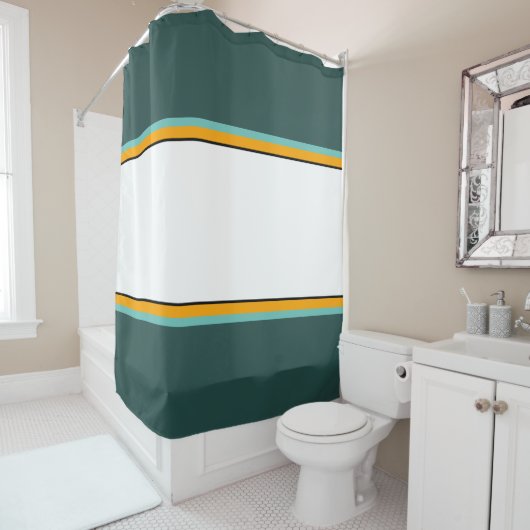 Rideaux De Douche Fun White Orange Racing Stripes Sur Dark Green (En situation)