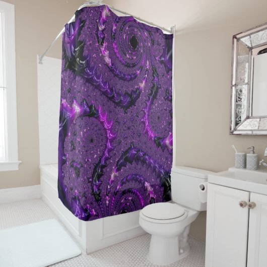 Rideaux De Douche Funky Bold Boho Purple Digital Abstrait Fractal (En situation)