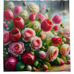 Rideaux De Douche "Garden Symphony : Raindrops on Rose and Tulips"