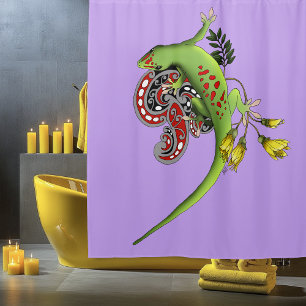 Rideaux De Douche Gecko Tribal Lavande Vert Rouge
