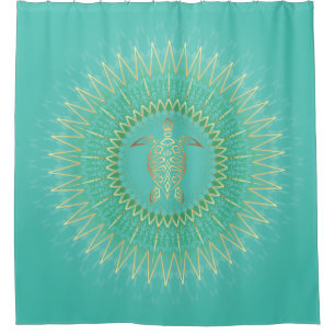 Rideaux De Douche "Géométrie dorée et tortue" Mandala tropical