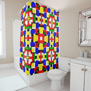 Rideaux De Douche Géométrie rouge, jaune, noir, bleu et vert