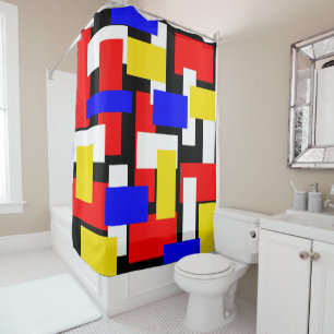 Rideaux De Douche Géométrique rouge, jaune, noir et bleu